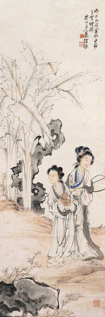 徐操 丙子(1936)年作 蕉荫仕女 立轴